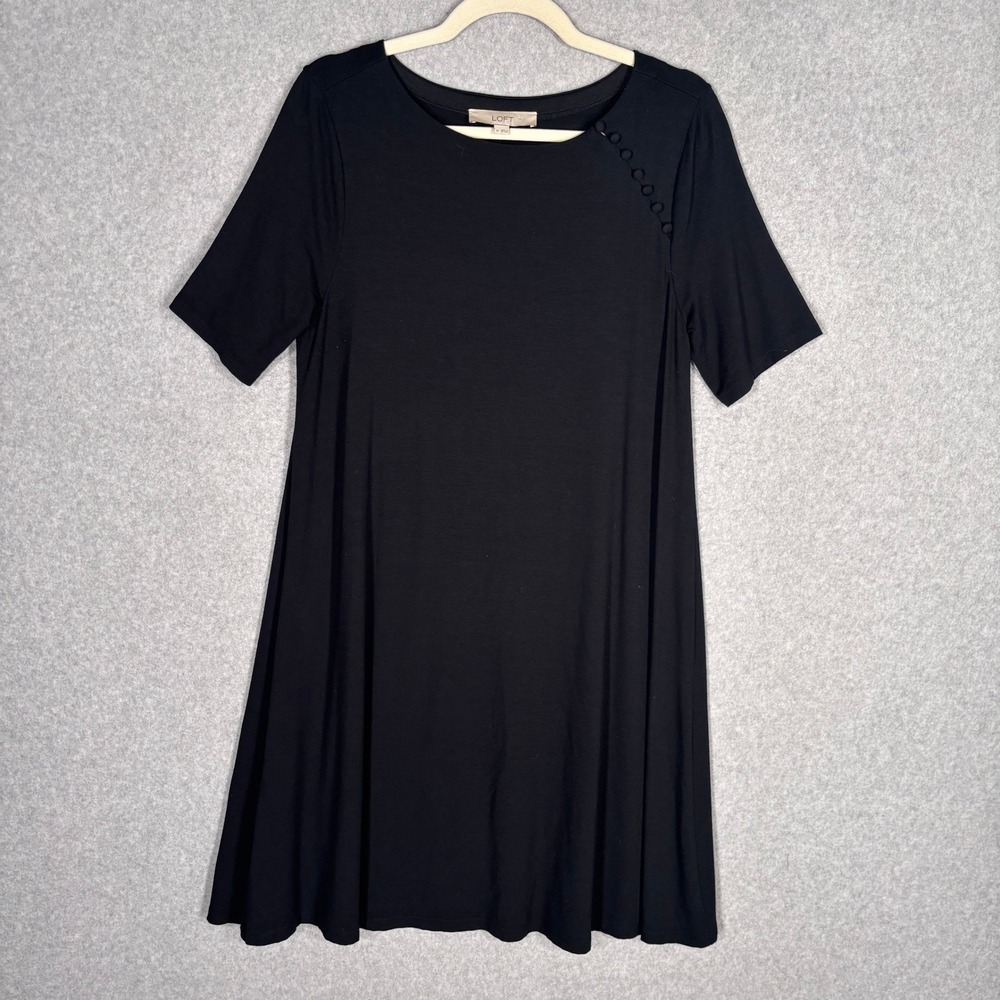 LOFT Swing Mini Dress Medium Black Button Shoulder Detail Flowy Lagenlook Knit